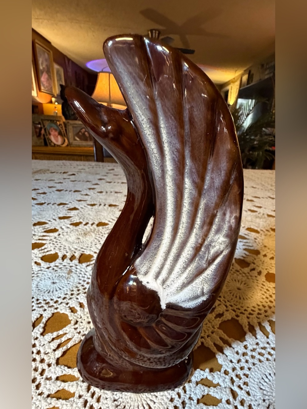 Vintage MCM Brown Drip Glaze Swan Vase Art Deco Redware Pottery